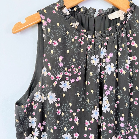 LOFT Black Floral Sparkle Ruffle Neck Peplum Blouse Size Medium Petite - Picture 2 of 10